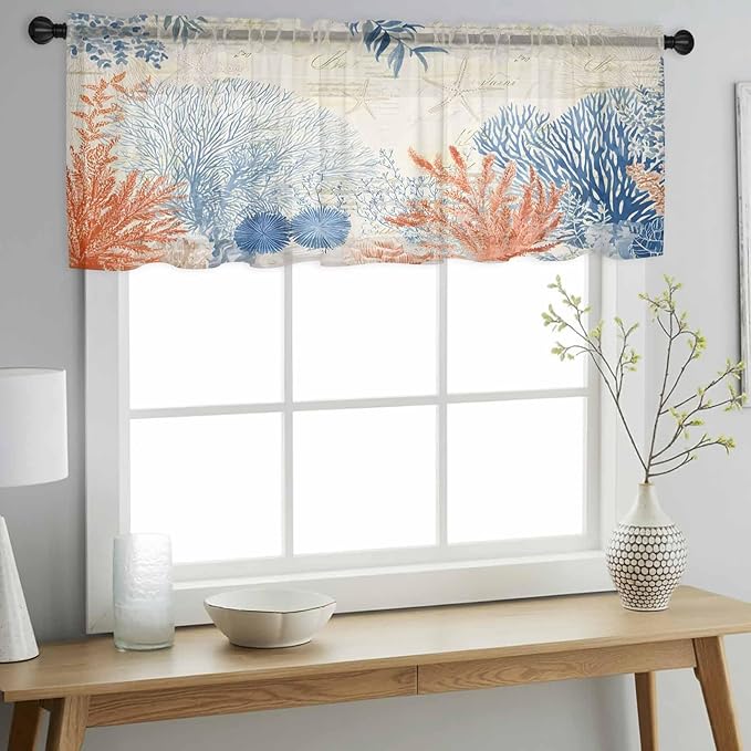 Ocean Corals Sheer Valance Curtains, Summer Beach Coral Sea Stars Retro Texture Light Filtering Kitchen Valances Rod Pocket Voile Curtain Window Treatment for Bedroom/Living Room/Basement 54Wx18L