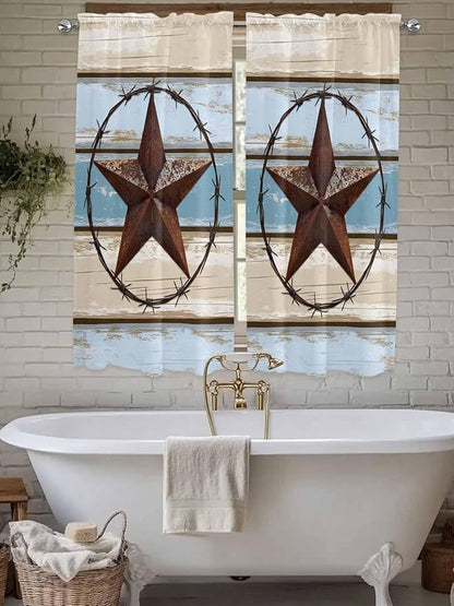 Vintage Western Star on Wood Grain Window Valance Curtains, Retro Wooden Texture Light Filtering Kitchen Valance with 3-inch Rod Pocket for Living Room Bathroom Bedroom,2 Panel,42x63In