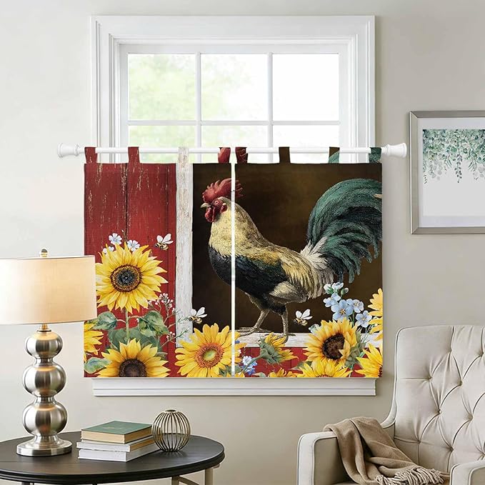 Chicken Sunflowers Bedroom Curtains 63 Inch Length, Window Curtains Tab Top, Farmhouse Animals Red Barn Bees Light Filtering Window Treatments Drapes 42"x63" 2 Panel