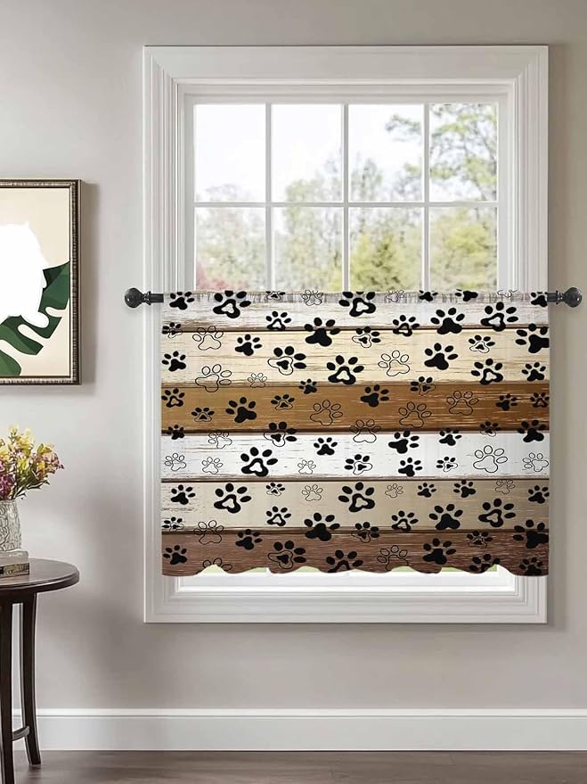 Sheer Curtains 45 Inch Length, Brown Beige Farmhouse Semi Sheer Curtains Light Filtering Window Treatment, Black Dog Paw Vintage Wooden Privacy Voile Drapes for Living Room Bedroom 52x45 Inch