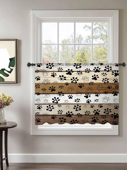 Sheer Curtains 45 Inch Length, Brown Beige Farmhouse Semi Sheer Curtains Light Filtering Window Treatment, Black Dog Paw Vintage Wooden Privacy Voile Drapes for Living Room Bedroom 52x45 Inch