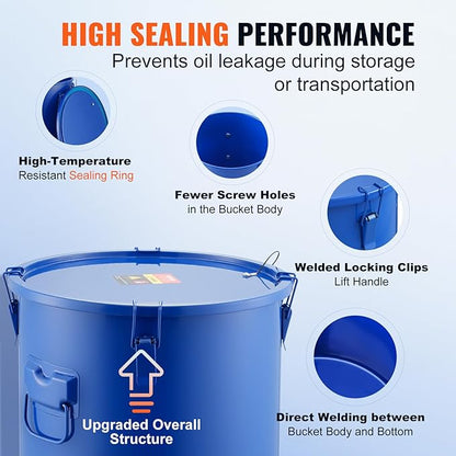 VEVOR Fryer Grease Bucket, 8 Gal Oil Disposal Caddy Carbon Steel Fryer Oil Bucket with Rust-Proof Coating, Oil Transport Container with Lid, Lock Clips, Filter Bag for Hot Cooking Oil Filtering