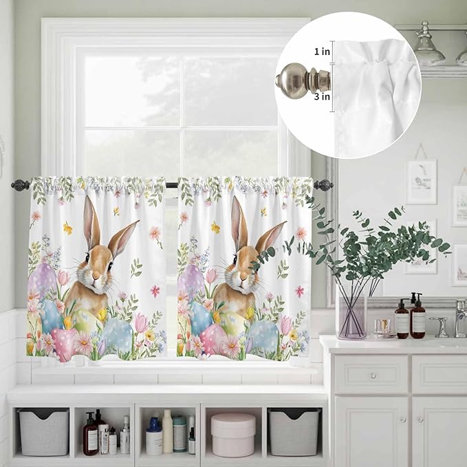 Kitchen Curtains Tiers and Valance Set of 3, Easter Light Filtering Window Curtain Set, Spring Rabbit Colorful Eggs Budding Florals Leaf Rod Pocket Curtain Drapes for Living Room, 36 Inches Tiers