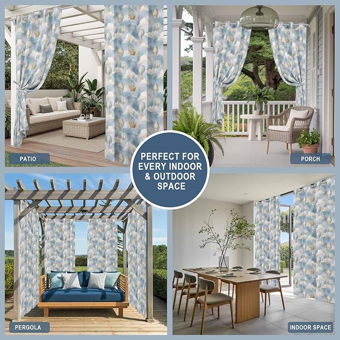 Hot Air Balloons Outdoor Curtains for Patio Fantasy Spaceship Cartoon Vintage Waterproof Outside Curtains with Grommet Top Weatherproof Curtain for Cabana Pergola Gazebo, 1 Panel, 54" W x 108" L