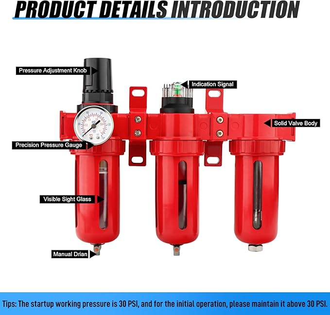 3/8" NPT 3 Stage Aluminium Air Drying System,Coalescing Filter, Particulate Filter, Desiccant Dryer and Air Regulator, Manual Drain, Mid Flow, For Plasma Cutter and Paint Spray