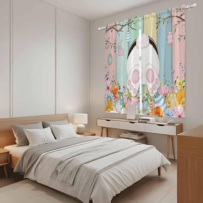 Easter Window Curtains 63 Inch Long 2 Panel Set, Rod Pocket Bedroom Curtains & Drapes, Spring Colorful Bunny Eggs Flower Wood Grain Light Filtering Window Treatment for Living Room 42"W x 63"L