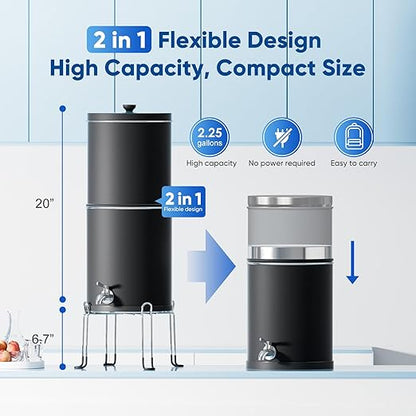 Purewell 3-Stage 0.01μm Ultra-Filtration Gravity Water Filter System, NSF/ANSI 42&372 Certification, 304 Stainless Steel Countertop System with 2 Filters and Stand, Reduce 99% Chlorine, 2.25G, PW-OB