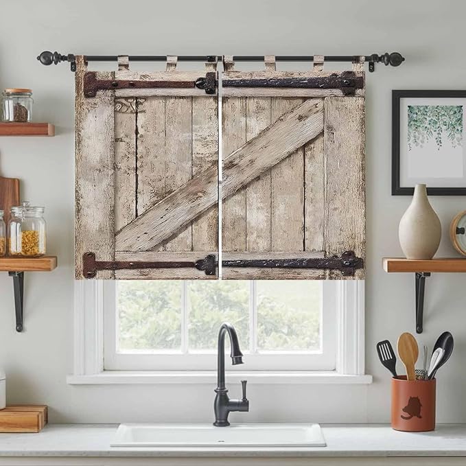 Farmhouse Wood Grain Kitchen Curtains 45 Inch Length, Short Cafe Window Curtains Tab Top, Vintage Country Barn Gate Brown Light Filtering Window Treatments Tier Drapes 27.5"x45" 2 Panel