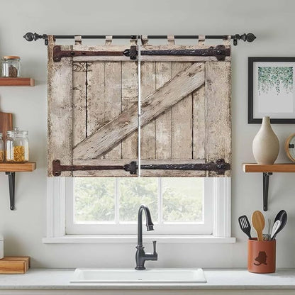 Farmhouse Wood Grain Kitchen Curtains 45 Inch Length, Short Cafe Window Curtains Tab Top, Vintage Country Barn Gate Brown Light Filtering Window Treatments Tier Drapes 27.5"x45" 2 Panel