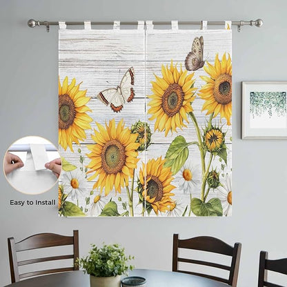 Yellow Sunflowers Living Room Curtains 84 Inch Length, Window Curtains Tab Top, Vintage Country Flowers Butterfly Wood Board Light Filtering Window Treatments Drapes 42"x84" 2 Panel