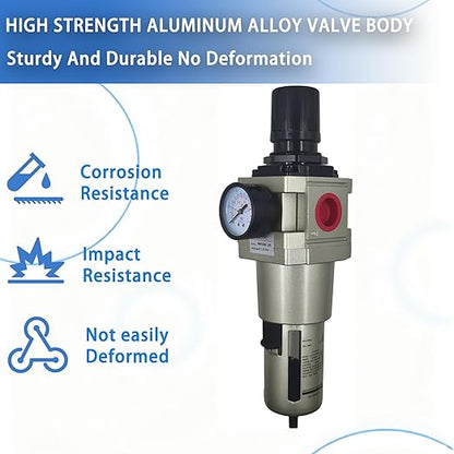 HengMinLingTong 1”NPT Compressed Air Filter Regulator Piggyback Combo, auto Drain, 5 Micron Brass Filter, Gauge and Bracket, Poly Bowl with Metal Guard AW5000-10D