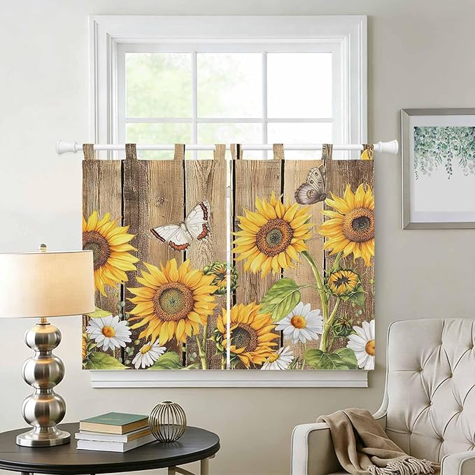 Farmhouse Sunflowers Bedroom Curtains 63 Inch Length, Window Curtains Tab Top, Rustic Floral Buttterfly Wood Board Brown Light Filtering Window Treatments Drapes 42"x63" 2 Panel