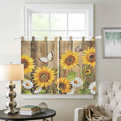 Farmhouse Sunflowers Bedroom Curtains 63 Inch Length, Window Curtains Tab Top, Rustic Floral Buttterfly Wood Board Brown Light Filtering Window Treatments Drapes 42"x63" 2 Panel