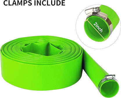 2 inch x 50 FT Pool Backwash Hose, Green Heavy Duty Reinforced PVC Lay Flat Water Discharge Hose for Swimming Pool Filter Pump,with 2 Clamp