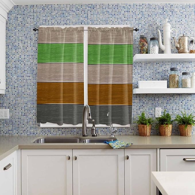 Farm Gray Green Brown Wood Grain Window Valance Curtains, Rustic Wooden Plank Light Filtering Kitchen Valance with 3-inch Rod Pocket for Living Room Bathroom Bedroom,2 Panel,42x63In