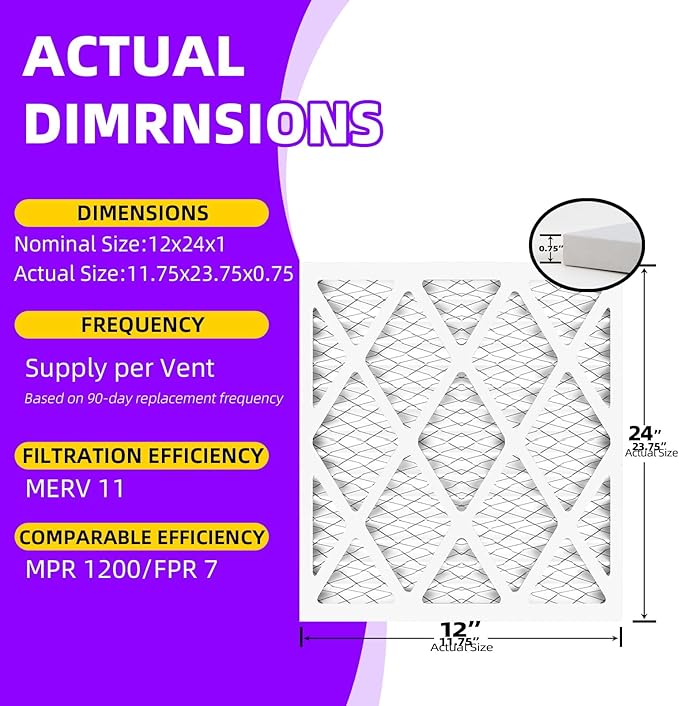 12x24x1 MERV 11 (6-Pack) Pleated Air Filter (Actual Size: 11.75"x23.75"x0.75") MPR 1200 & FPR 7, Furnace Air Filters