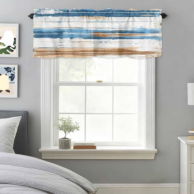 Vintage Blue Valances for Windows, Brown Wood Grain Mottled Texture Abstract Art Kitchen Valance Light Filtering Rod Pocket Short Curtains for Kitchen Bathroom, 1 Panel, 60"x14"