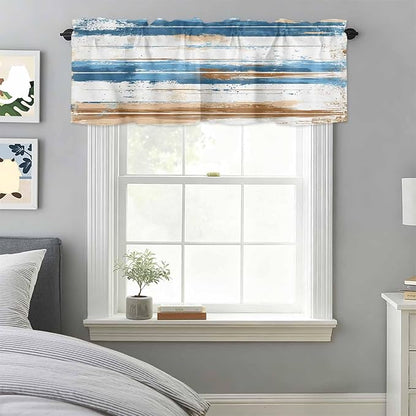 Vintage Blue Valances for Windows, Brown Wood Grain Mottled Texture Abstract Art Kitchen Valance Light Filtering Rod Pocket Short Curtains for Kitchen Bathroom, 1 Panel, 56"x16"