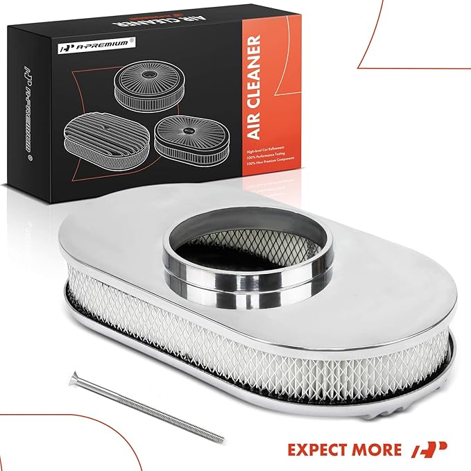 A-Premium Universal Air Cleaner Filter Assembly - Compatible with 15" x 2", Oval Chrome Polished Half Finned Air Cleaner
