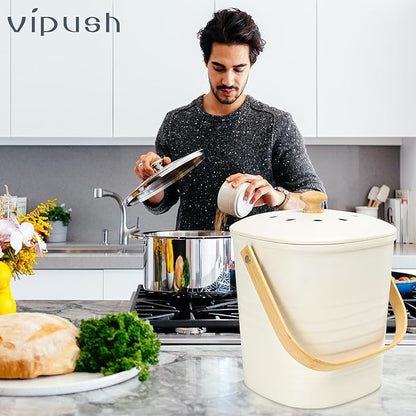 Vipush Bamboo Fiber Compost Bin with Lid Small Countertop Compost Bin Includes Charcoal Filter, Beige