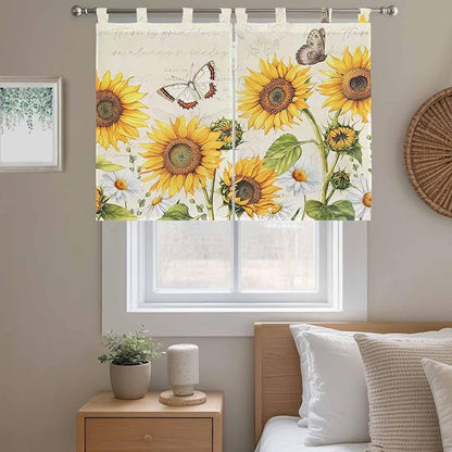 Farm Sunflowers Kitchen Curtains 45 Inch Length, Short Cafe Window Curtains Tab Top, Retro Flowers Butterfly Botanical Beige Light Filtering Window Treatments Tier Drapes 27.5"x45" 2 Panel