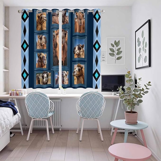 2 Panel Kitchen Cafe Curtains, Desert Camels Sunlight Filtering Nature Air Through, Home Decor Window Covering Tier Curtains for Living Room 104W x 72L inch Wildlife Brown Animals Blue Geometric