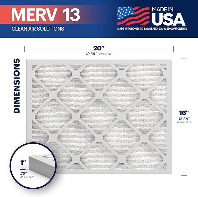 BNX TruFilter 16x20x1 Air Filter MERV 13 (6-Pack) - MADE IN USA - Electrostatic Pleated Air Conditioner HVAC AC Furnace Filters for Allergies, Pollen, Mold, Bacteria, Smoke, Allergen, MPR 1900 FPR 10