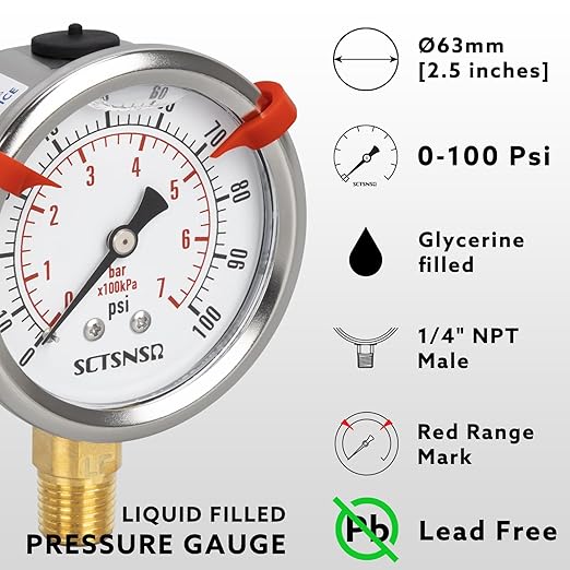 0 to 100 Psi Lead-Free Pressure Gauge, Glycerin Liquid Filled, 2.5 inch Dial, 1/4" NPT Lower Mount, Stainless Steel Case, for Water Pump, Pneumatic Air, Well Tank, RV Hose, Gas, Pressure Test