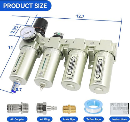 3/4" NPT Industrial Grade 4 Stage Air-Dryer-for-Compressor, Air-Compressor-Water-Separator-System for Plasma Cutter and Paint Spray, 2Filter&2Dryer system,Auto Drain