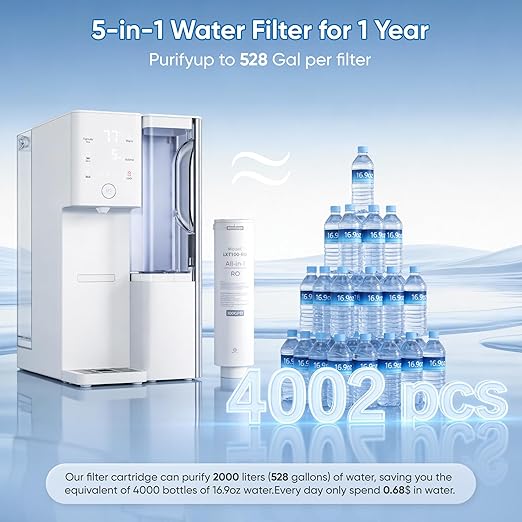 Water Filter Countertop Reverse Osmosis System 5-in-1 Countertop Water Filtration, 4:1 Pure to Drain, No Installation Required Portable Water Purifier