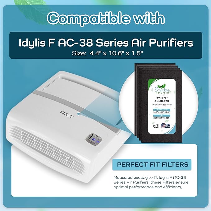 Breathe Naturally - Carbon Filters Compatible with Idylis F AC-38 Series Air Purifiers - Made for Idylis F AC-38/560885 Series - Made in USA - Odor Control for Air Purifiers(4 Pack Carbon Filter)