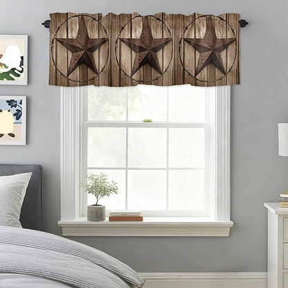 Vintage Texas Star Valances for Windows, Brown Wood Grain Wire Kitchen Valance Light Filtering Rod Pocket Short Curtains for Kitchen Bathroom, 1 Panel, 54"x18"