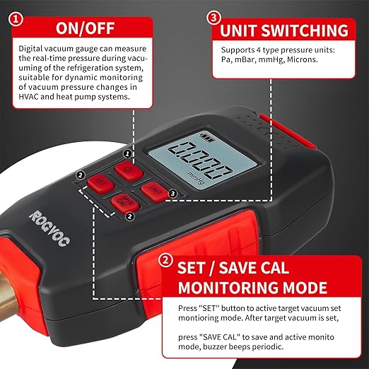 Digital Vacuum Gauge, HVAC Micron Vacuum Gauge Tester with 4 Units 7/16 inch-20 UNF, Digital Vacuum Micron Meter Set with Buzzer Alarm, 1/4 inch SAE Extension Connector Fitting