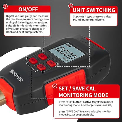 Digital Vacuum Gauge, HVAC Micron Vacuum Gauge Tester with 4 Units 7/16 inch-20 UNF, Digital Vacuum Micron Meter Set with Buzzer Alarm, 1/4 inch SAE Extension Connector Fitting