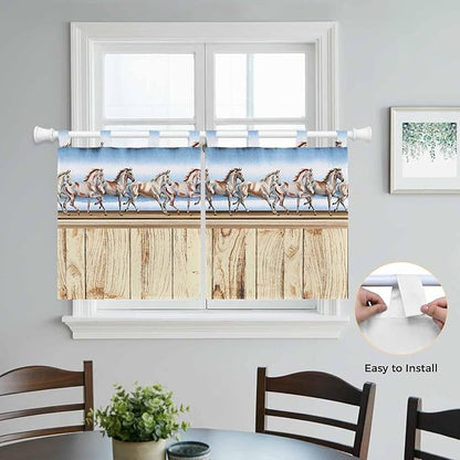 Western Horse Kitchen Curtains 24 Inch Length, Small Window Curtains Tab Top, Farmhouse Wooden Grain Vintage Cowboy Barn Door Light Filtering Short Window Treatments Tier Drapes 27.5"x24" 2 Panel
