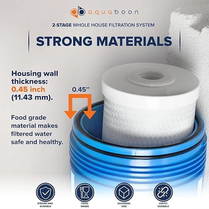 Aquaboon 2-Stage Whole House Water Filtration System with 5 Micron 10x4.5 Reducing Sediment and KDF Heavy Metals Water Filter Purification Cartrige, Pressure Gauges, Wrench, Bracket