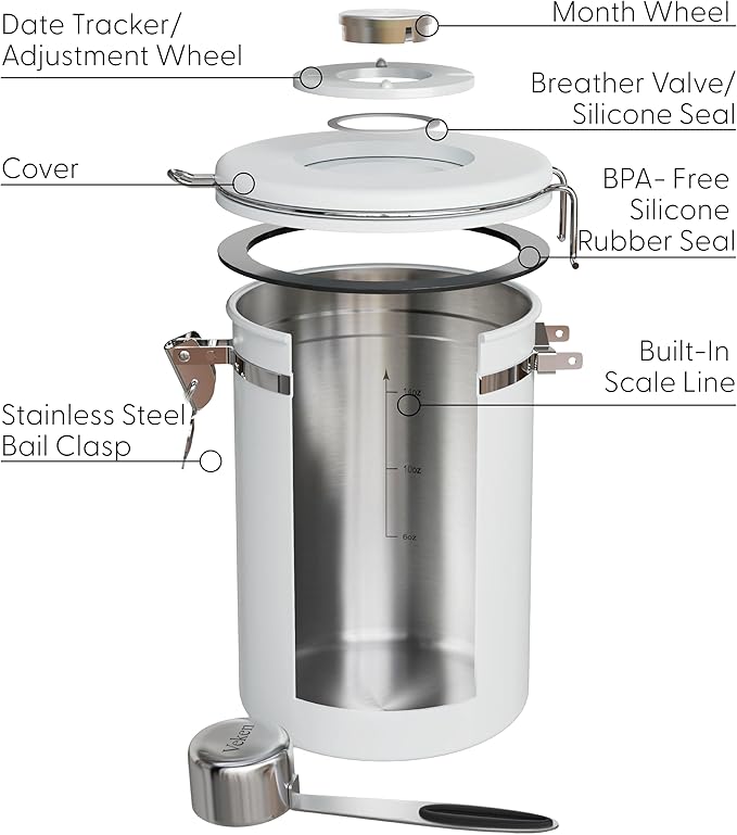 Veken Coffee Canister with Window, Airtight Stainless Steel Kitchen Food Storage Container with Lids, Date Tracker and Scoop for Grounds Coffee, Beans, Tea, Flour, Cereal, Sugar Jars, 22OZ, White