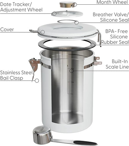 Veken Coffee Canister with Window, Airtight Stainless Steel Kitchen Food Storage Container with Lids, Date Tracker and Scoop for Grounds Coffee, Beans, Tea, Flour, Cereal, Sugar Jars, 22OZ, White
