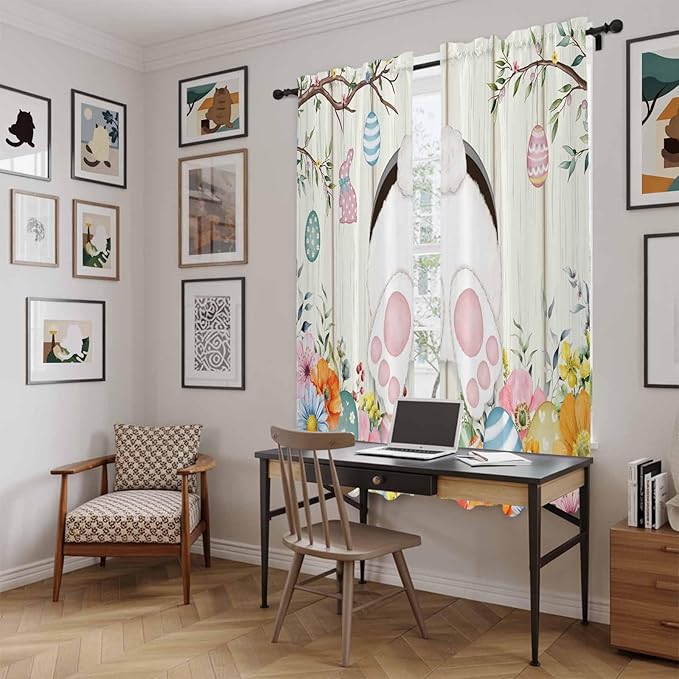 Easter Window Curtains 72 Inch Long 2 Panel Set,Rod Pocket Long Curtains & Drapes,Spring Farmhouse Watercolor Bunny Eggs Wood Grain Light Filtering Window Treatment for Bedroom Living Room 52"W x 72"L