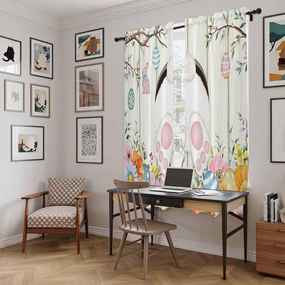 Easter Window Curtains 72 Inch Long 2 Panel Set,Rod Pocket Long Curtains & Drapes,Spring Farmhouse Watercolor Bunny Eggs Wood Grain Light Filtering Window Treatment for Bedroom Living Room 52"W x 72"L