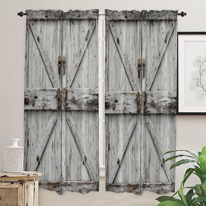 Vintage Gate Living Room Curtains 72 Inches length, Farmhouse Wooden Grain Shabby Chic Door Window Treatment Curtain Drapes, Light Filtering Drapes for Bedroom Laundry Room, 52"x72", 2 Panels