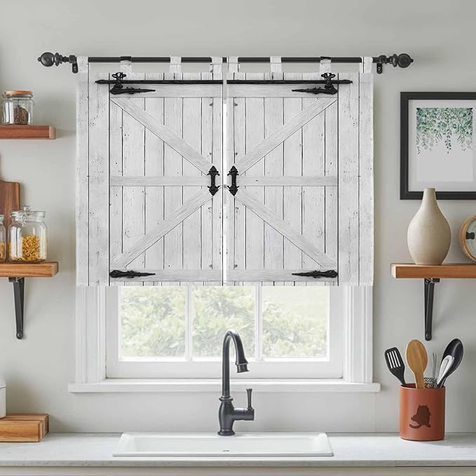 Farmhouse Wood Grain Kitchen Curtains 45 Inch Length, Short Cafe Window Curtains Tab Top, Vintage Country Barn Gate Grey Light Filtering Window Treatments Tier Drapes 27.5"x45" 2 Panel