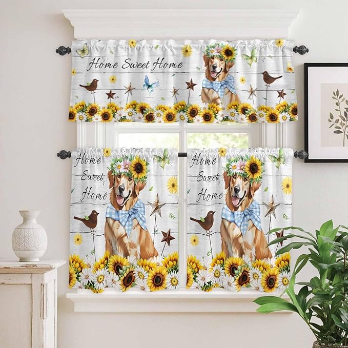 Kitchen Curtains Tiers and Valance Set of 3, Sunflowers Dog Light Filtering Window Curtain Set, Spring Watercolor Floral Stars Wood Grain Rod Pocket Curtain Drapes for Living Room, 24 Inches Tiers
