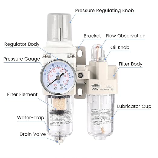 1/4 Inch Compressor Air Filter Pressure Regulator Water-Oil Trap Separator Filter with Lubricator Cup AC2010-02
