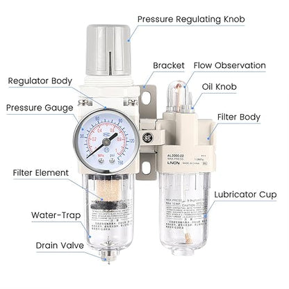 1/4 Inch Compressor Air Filter Pressure Regulator Water-Oil Trap Separator Filter with Lubricator Cup AC2010-02