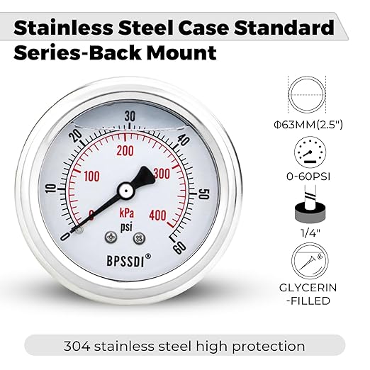 0-60 Psi Glycerin Liquid Filled Low Pressure Gauge, 2.5" Dial Size, 1/4" G Back Mount, 304 Stainless Steel Case, for Water Pipe, HVAC, Water Oil Air Pressure Test
