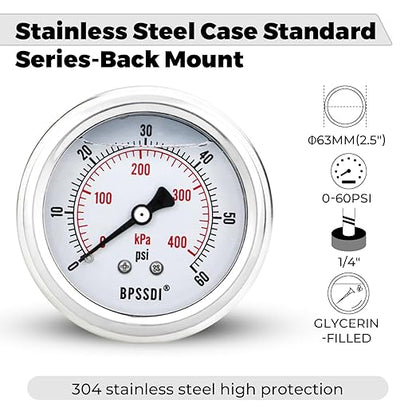 0-60 Psi Glycerin Liquid Filled Low Pressure Gauge, 2.5" Dial Size, 1/4" G Back Mount, 304 Stainless Steel Case, for Water Pipe, HVAC, Water Oil Air Pressure Test