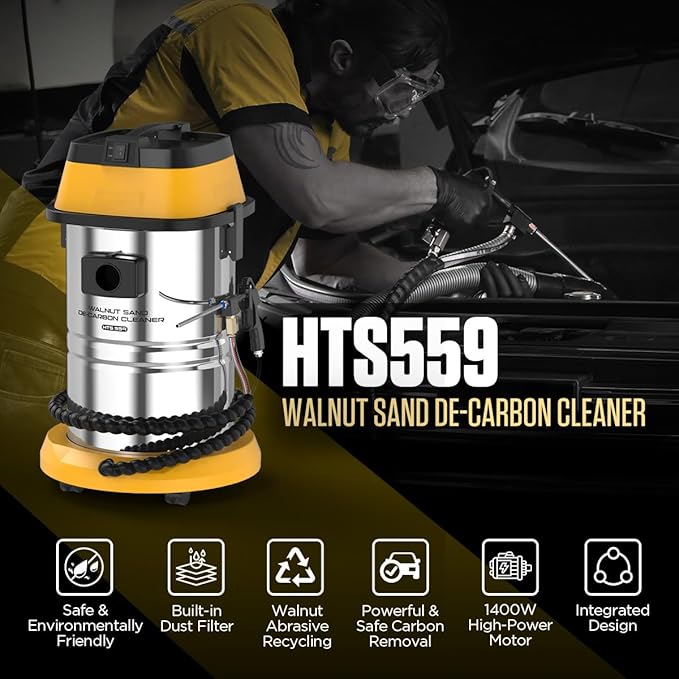 Automotive Walnut Blaster HTS559 Walnut Blaster Kit For Carbon Cleaning,GDI Intake Valve Cleaner,Intake Manifold&Exhaust Valve Cleaner,1400W Walnut Shell Blaster Built-In Walnut Recycling&Dust Filter