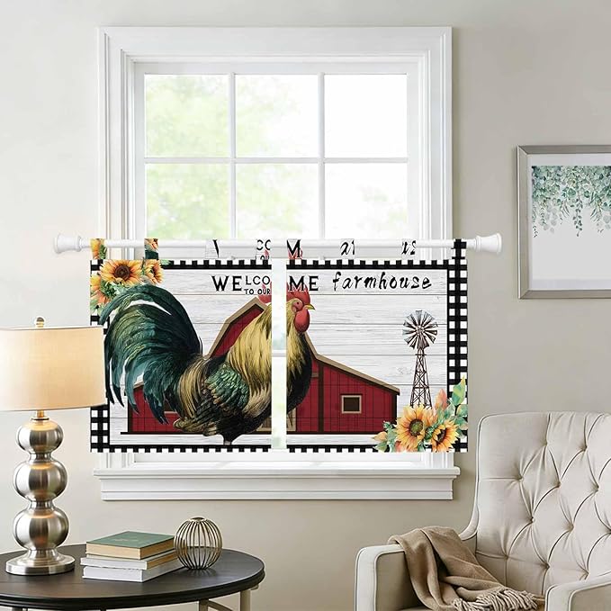 Farmhouse Rooster Kitchen Curtains 36 Inch Length, Small Window Curtains Tab Top, Rustic Red Barn Windmill Sunflowers Light Filtering Short Window Treatments Tier Drapes 27.5"x36" 2 Panel