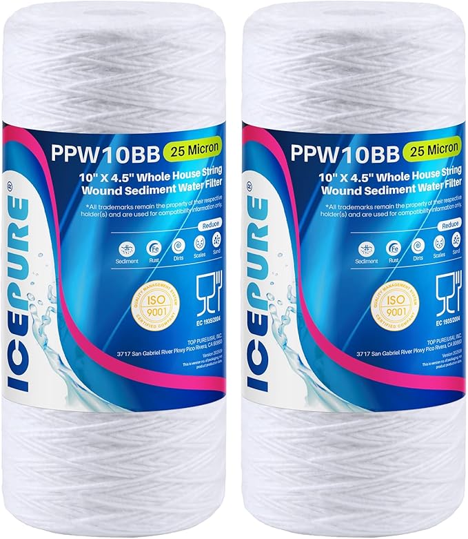 ICEPURE 25 Micron 10”x4.5'' Whole House Sediment String Wound Water Filter Replacement filter for 84637, WPX5BB97P, PC10, 355214-45, 355215-45, WP10BB97P, WP5BB97P, 2PACK